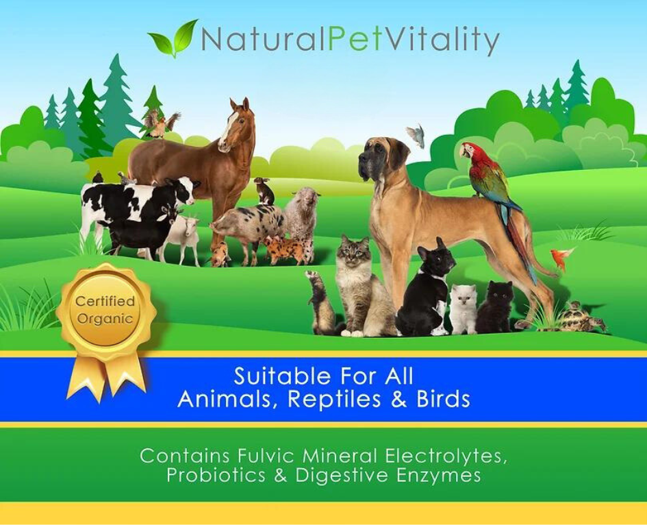 Natural Pet Vitality label showing fulvic mineral nutritional support for dogs, cats, horses, birds, reptiles, poultry, livestock and companion animals