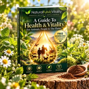 Natural Fulvic Vitality free health and vitality guide alongside two Natural Pet Vitality powder tubs and two Golden Diamond Drops bottles, surrounded by botanical greenery and flowers, promoting natural nutritional support for animals and people.