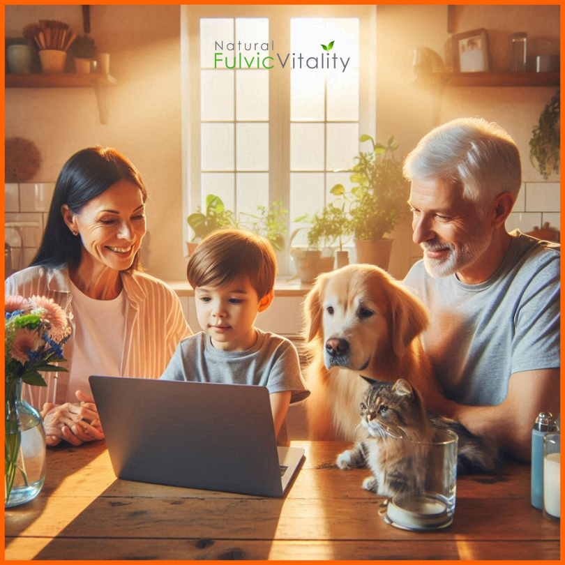 Family sitting together with their pets during a natural animal health consultation