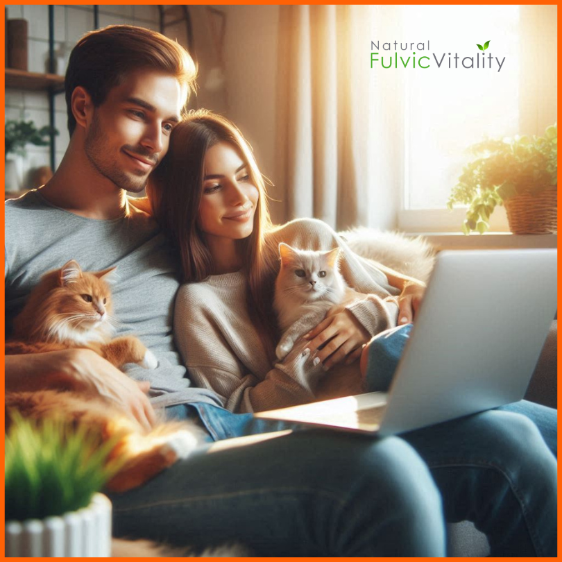Young couple relaxing on the sofa with two cats during a natural pet health consultation