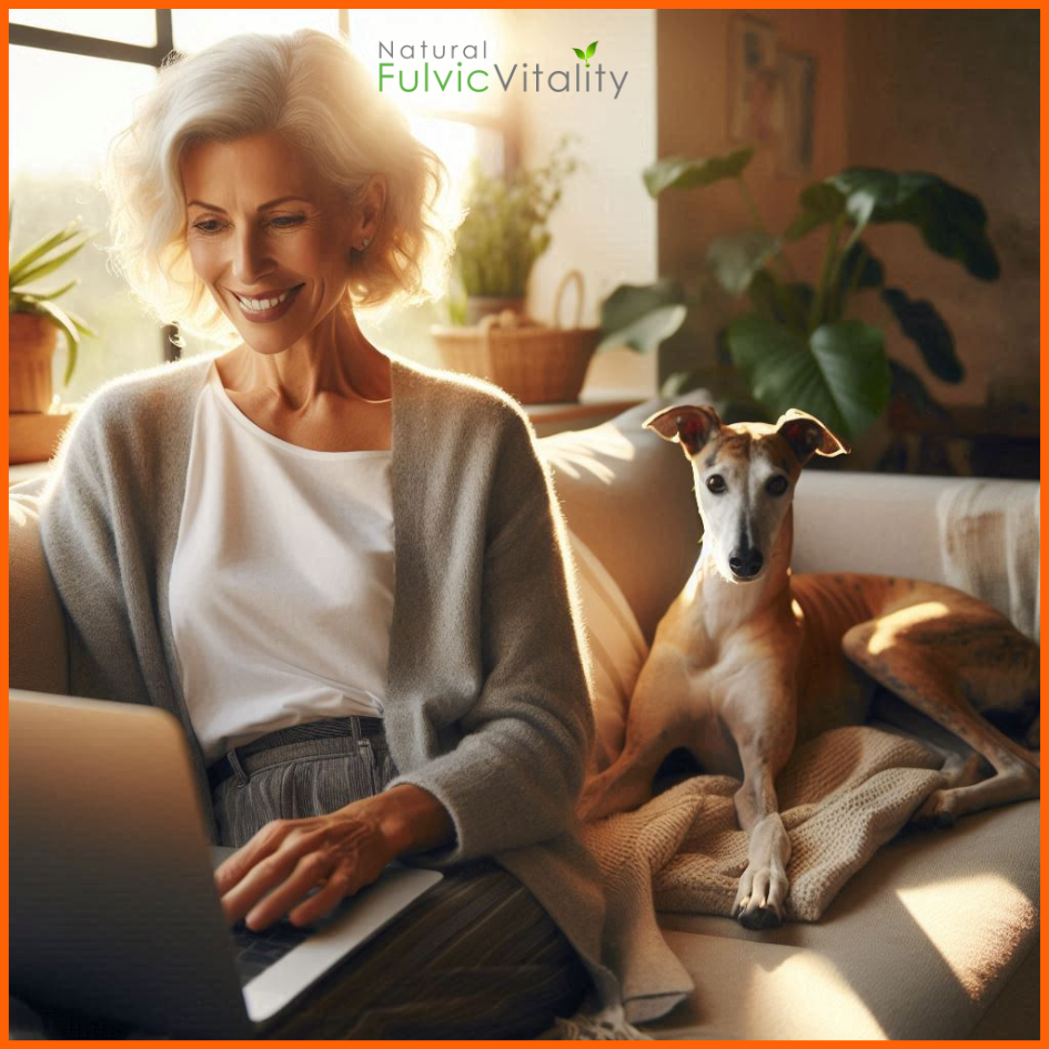 Woman relaxing on a sofa with her dog during a natural pet health consultation