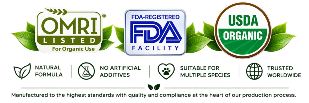 Natural Fulvic Vitality quality and manufacturing badges featuring OMRI Listed, FDA Registered Facility and USDA Organic symbols, alongside icons representing natural formulas, no artificial additives, multi-species suitability and worldwide trust, highlighting manufacturing standards and quality compliance.